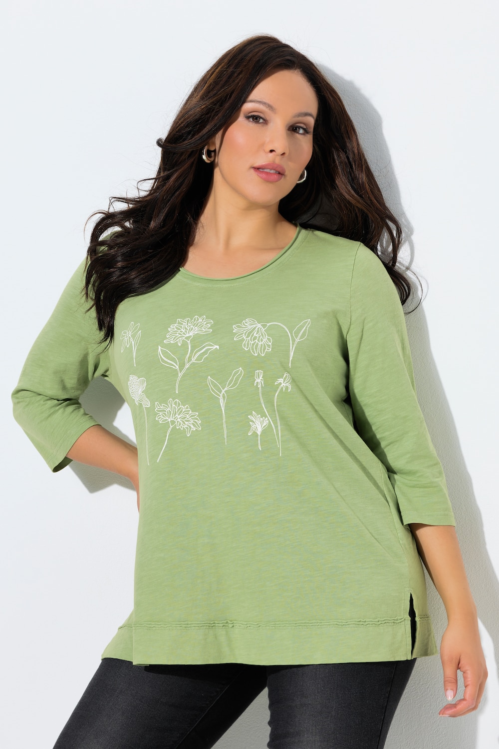 T-shirt, blomster, classic, rund hals, 3/4-lange ærmer