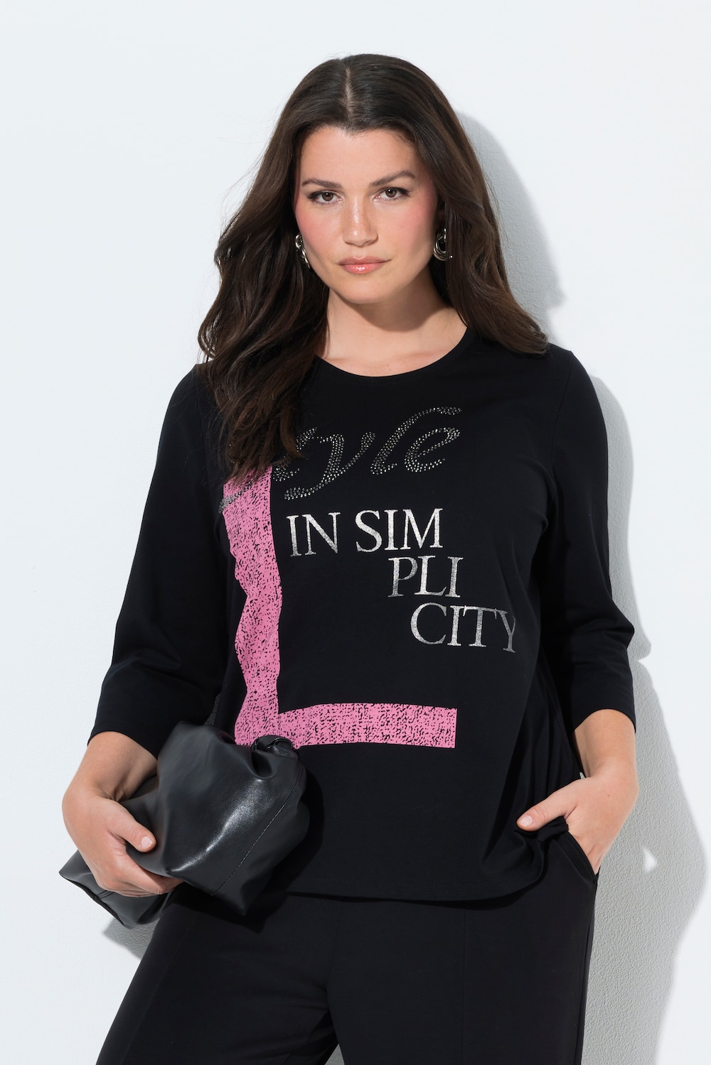 Shirt, Ziersteine, Classic, Rundhals, 3/4-Arm