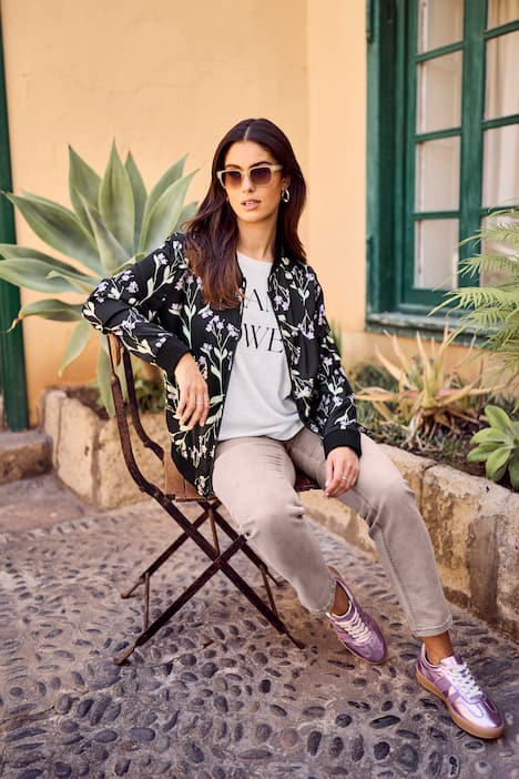 Blusotto double face con fiori/tinta unita, colletto e maniche lunghe