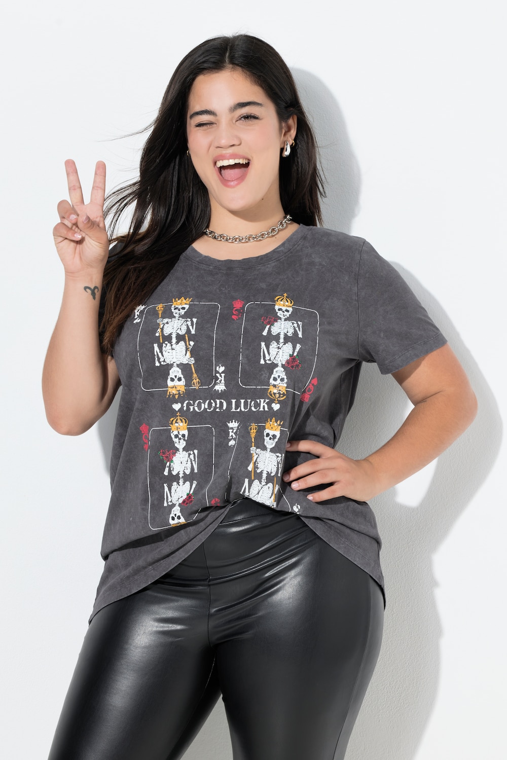 T-shirt, langere A-lijn, doodskop-kaarten