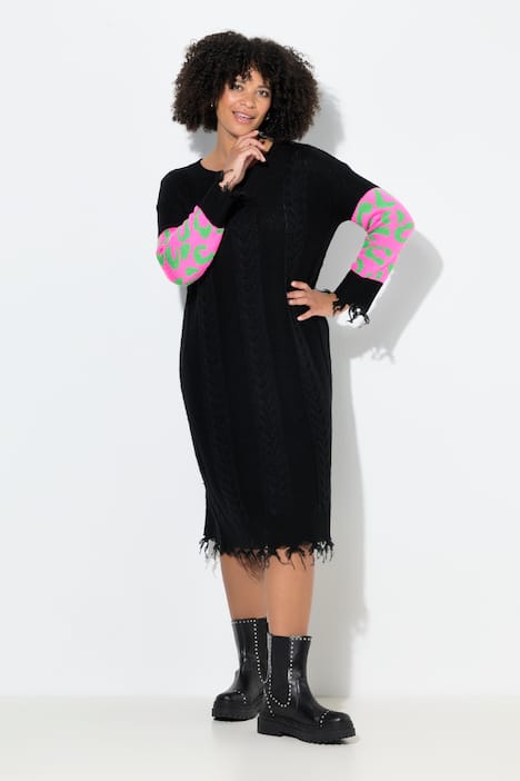 Strickkleid, Straight Fit, Midilänge, Fransen, Leo-Langarm