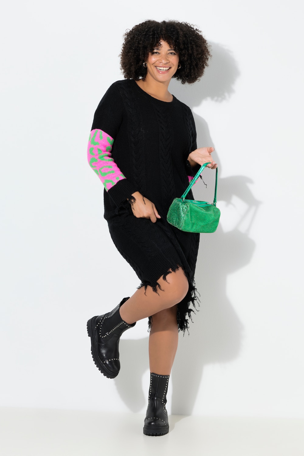 Strickkleid, Straight Fit, Midilänge, Fransen, Leo-Langarm