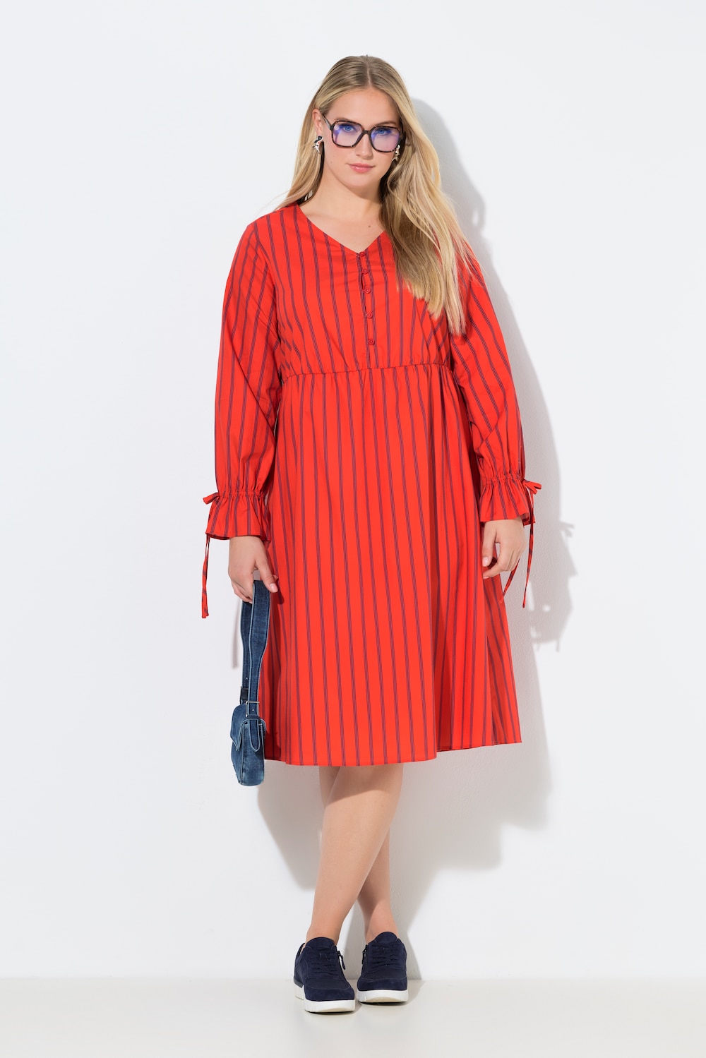 Kleid, Streifen, A-Linie, V-Ausschnitt, Langarm