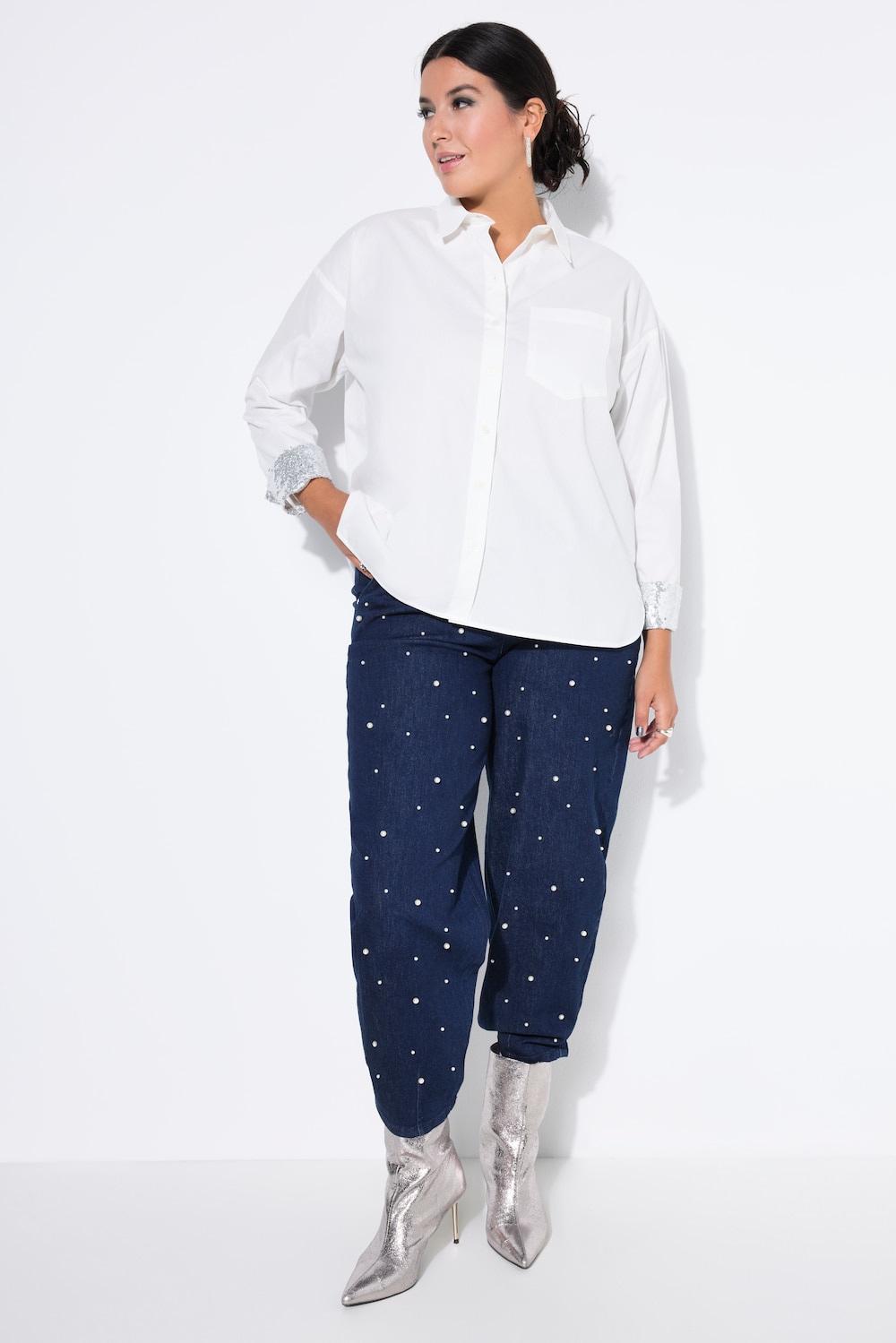 Overhemdblouse, oversized, glanzend gevoerde manchetten