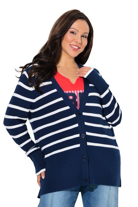 Rozepínací svetr, pruhy, výstřih do V, dlouhé rukávy