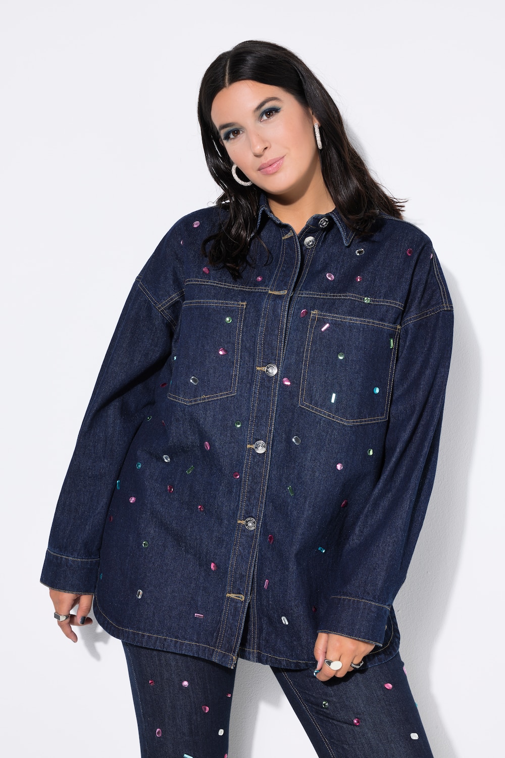 Jeanshemd, Oversize Shape, Glitzersteine