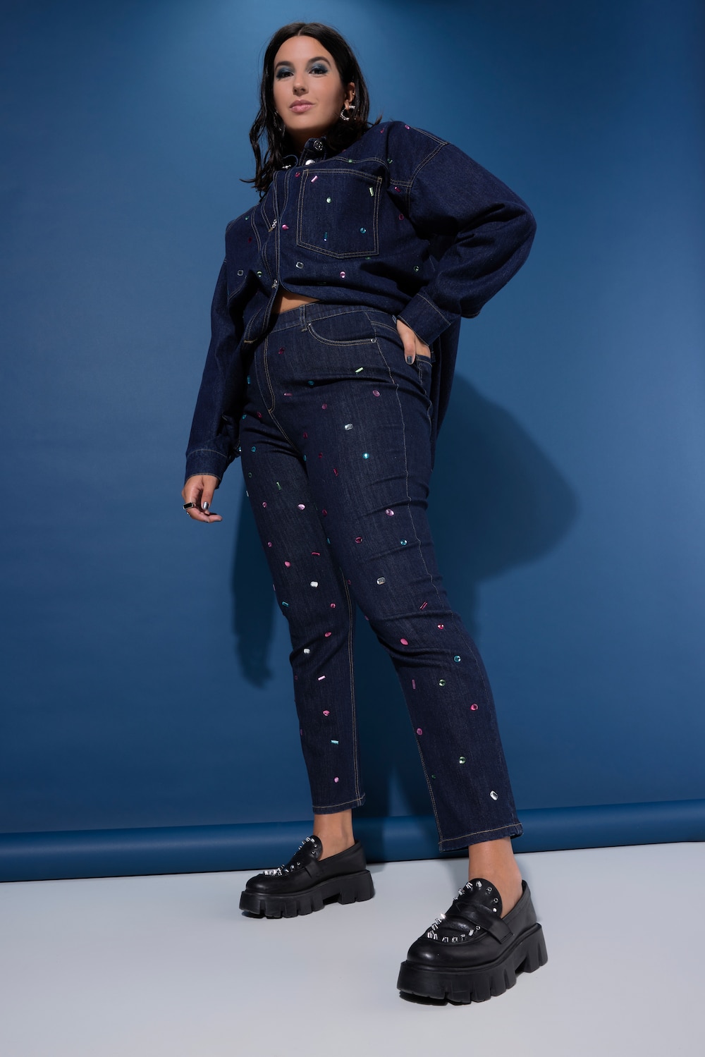 Mom-Jeans, Wide Legs, Glitzersteine, 5-Pocket