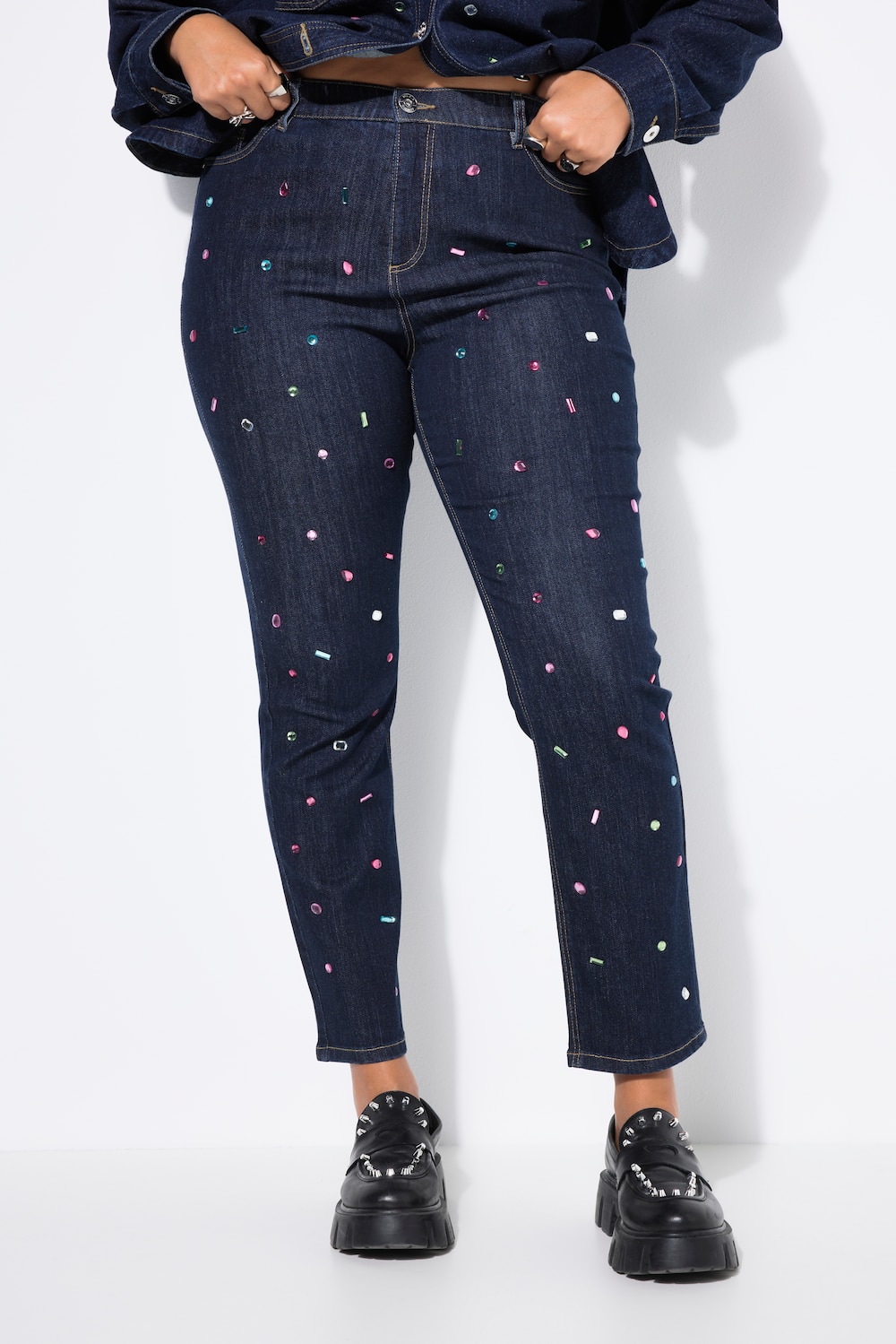 Mom-Jeans, Wide Legs, Glitzersteine, 5-Pocket