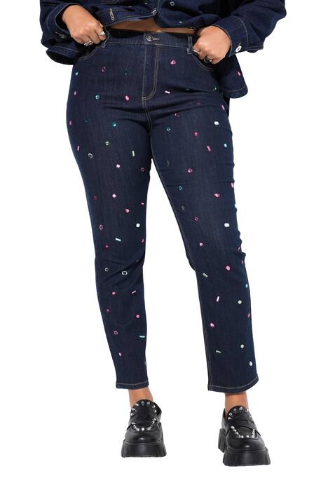Mom džíny, široké nohavice, třpytivé kamínky, 5 kapes