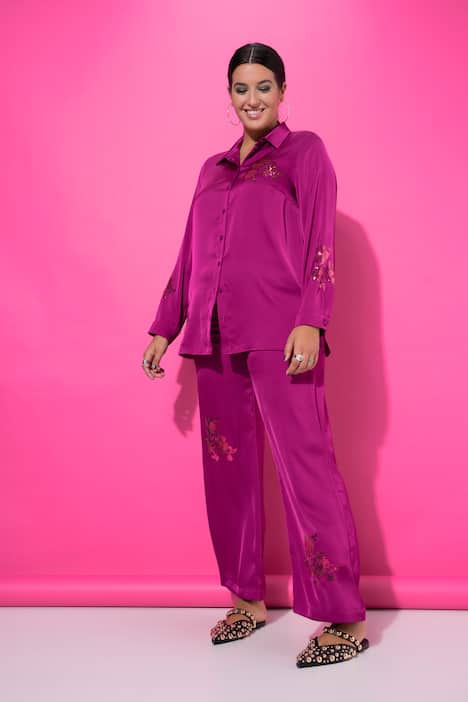 Overhemdblouse, wijd recht model, bloemen van pailletten