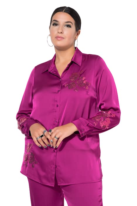 Košilová halenka, široký rovný střih, flitrové květy