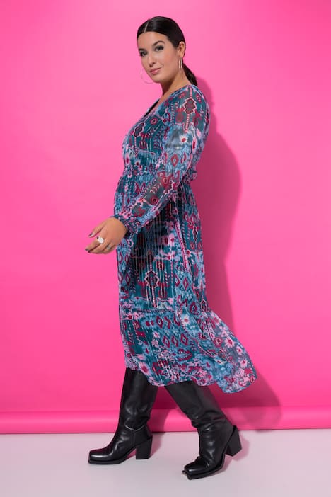 Midikleid, A-Line, doppellagig, floraler Print, Saumvolant