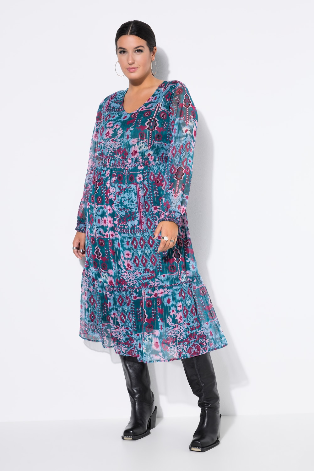 Midikleid, A-Line, doppellagig, floraler Print, Saumvolant