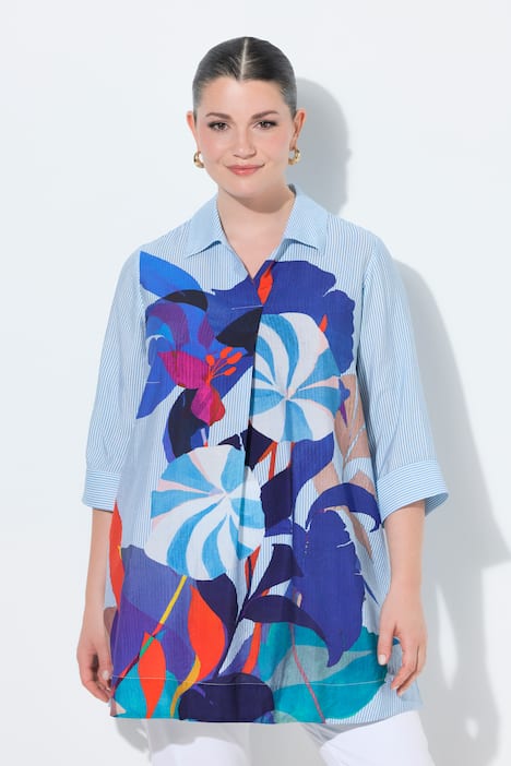Longbluse, Streifen/Blüten, A-Linie, Hemdkragen, 3/4-Arm
