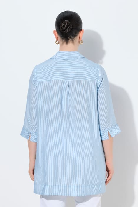 Longbluse, Streifen/Blüten, A-Linie, Hemdkragen, 3/4-Arm