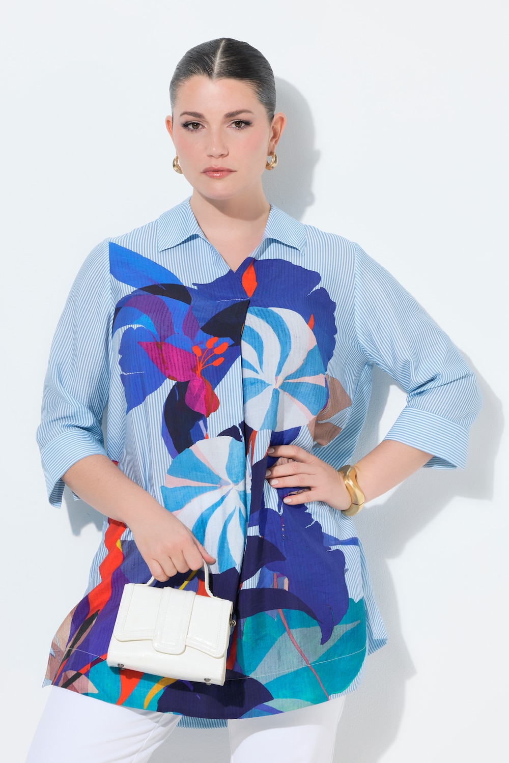 Longbluse, Streifen/Blüten, A-Linie, Hemdkragen, 3/4-Arm