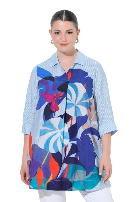 Dlouhá halenka, pruhy/květinový vzor, áčkový střih, košilový límec, 3/4 rukávy