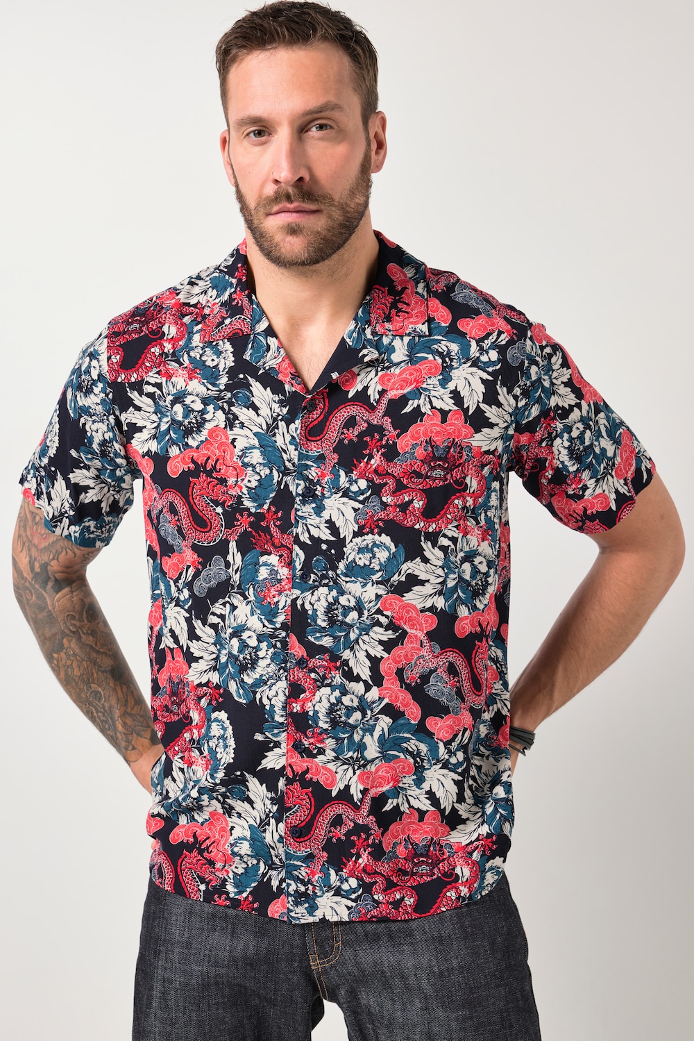 JP1880 Skjorte, korte ærmer, Cuba-krave, blomstret print, Cuba Fit, op til 8XL