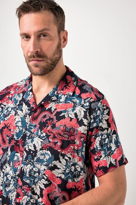 JP1880 Skjorte, korte ærmer, Cuba-krave, blomstret print, Cuba Fit, op til 8XL