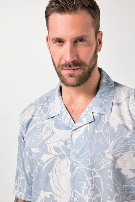 JP1880 Skjorte, korte ærmer, Cuba-krave, blomstret print, Cuba Fit, op til 8XL