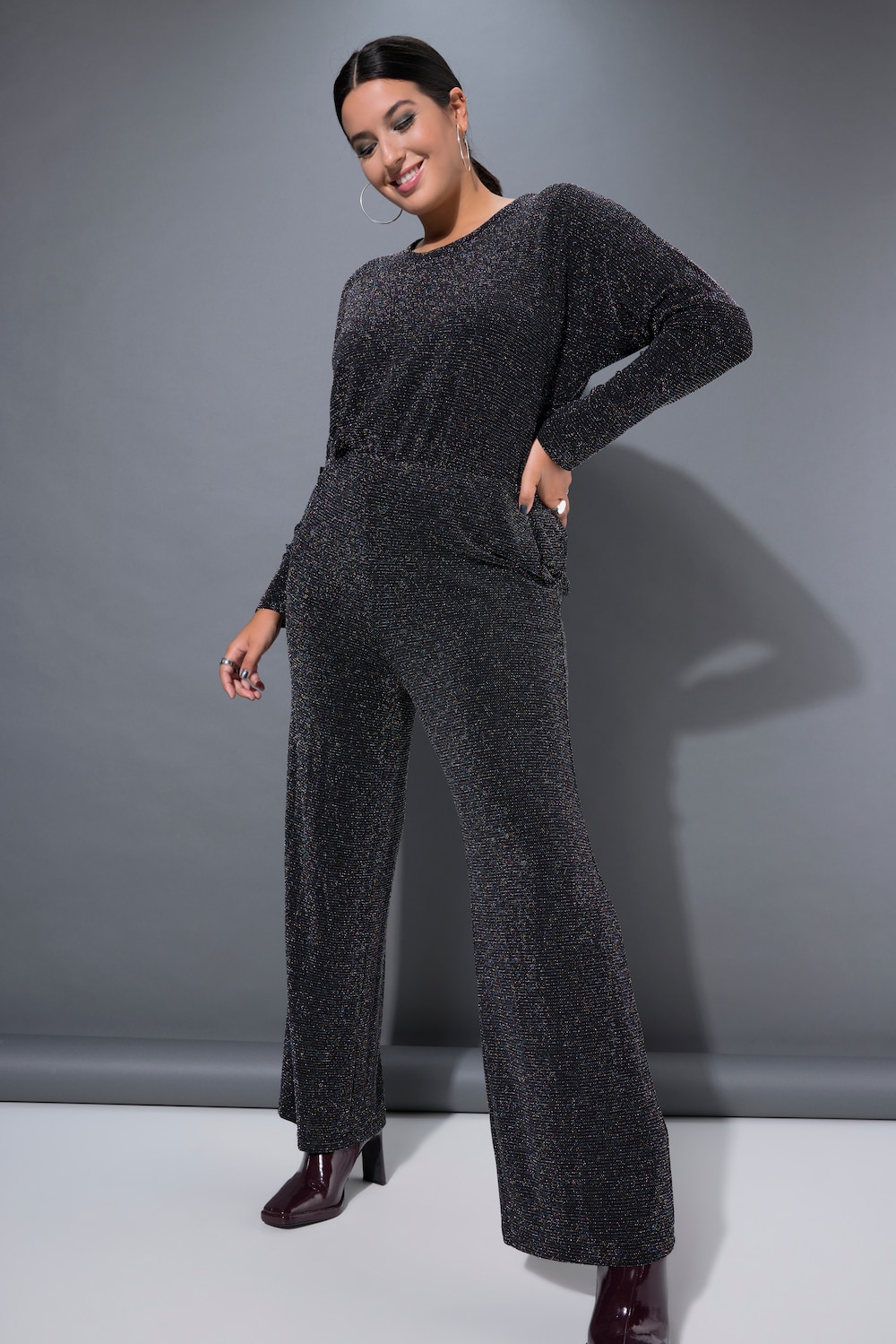 Jumpsuit, oversized, glittereffect, wijde pijpen