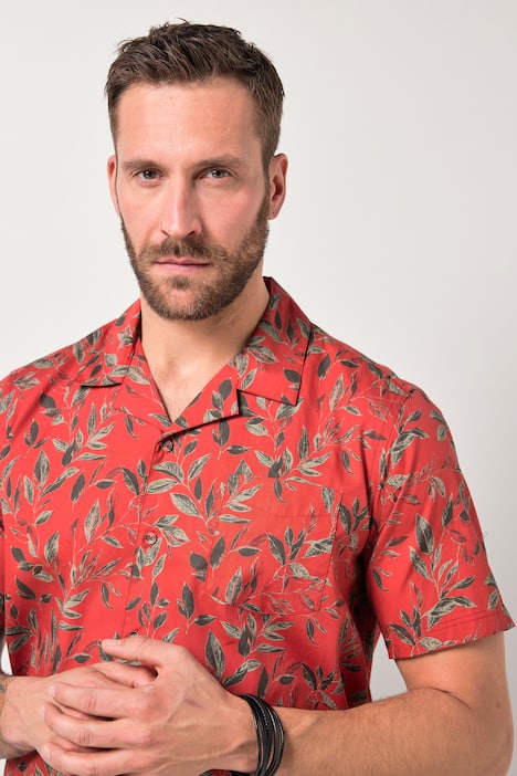 JP1880 Skjorte, korte ærmer, Cuba-krave, blomstret print, Cuba Fit, op til 8XL