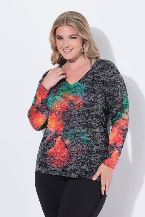 Maglia con fiori, brillantini e maniche lunghe