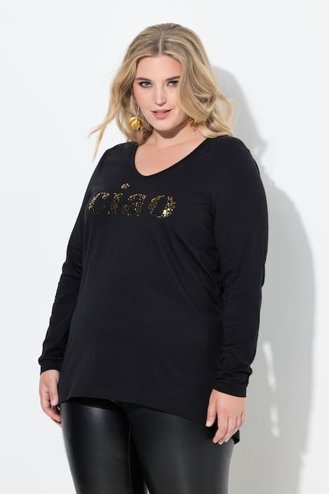 Langarmshirt, A-Linie, Pailletten Schriftzug ciao