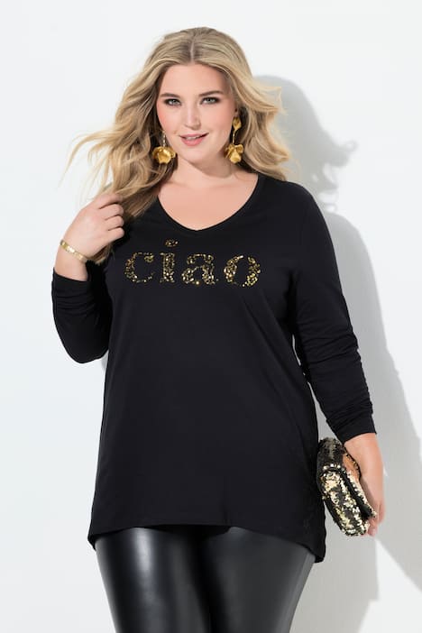 Langarmshirt, A-Linie, Pailletten Schriftzug ciao