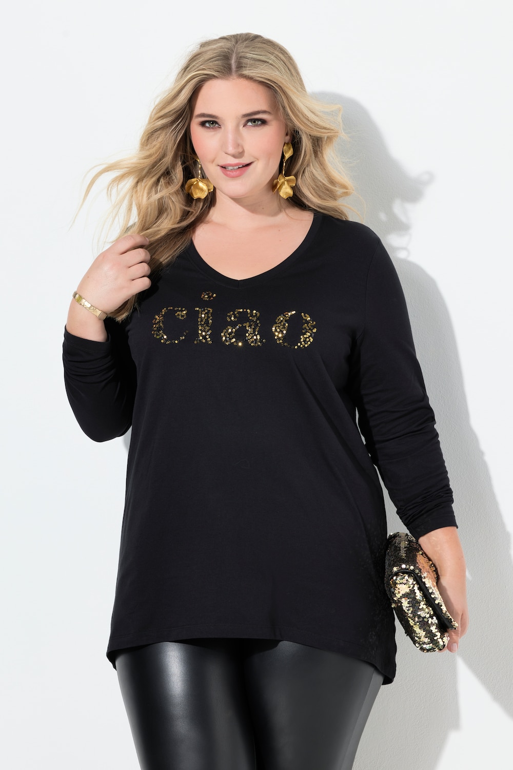 Langarmshirt, A-Linie, Pailletten Schriftzug ciao