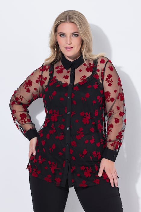 Bluse, Regular Fit, leicht transparent, Flockdruck