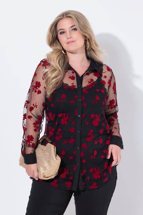 Bluse i regular fit, let gennemsigtig, flocktryk
