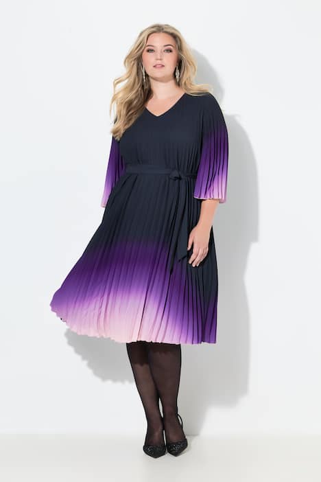 Plissee-Midikleid, A-Linie, Farbverlauf, 3/4-Ärmel