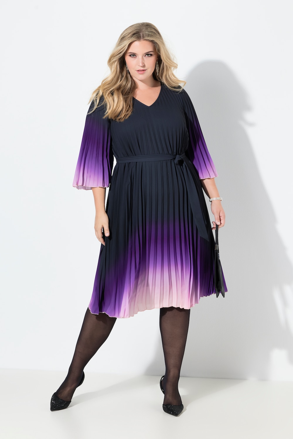 Plissee-Midikleid, A-Linie, Farbverlauf, 3/4-Ärmel