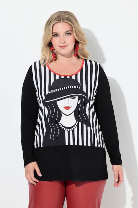 Maglia dal taglio svasato con immagine femminile e maniche lunghe