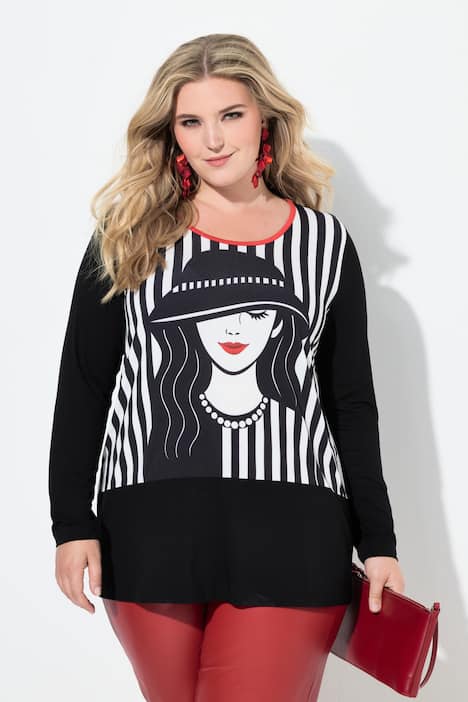 Maglia dal taglio svasato con immagine femminile e maniche lunghe