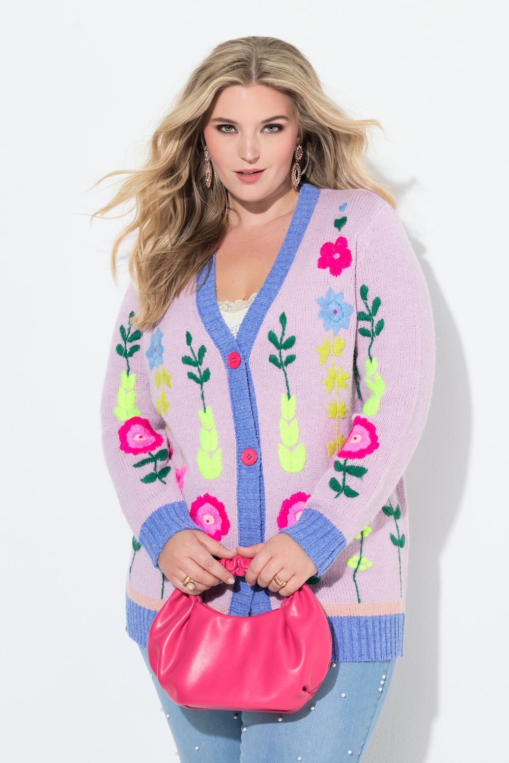 Strickjacke, loose Classic Fit, Blumen-Stickerei