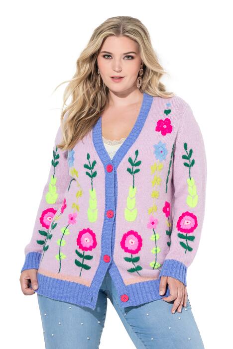 Rozepínací svetr, volný Classic střih, květinová výšivka