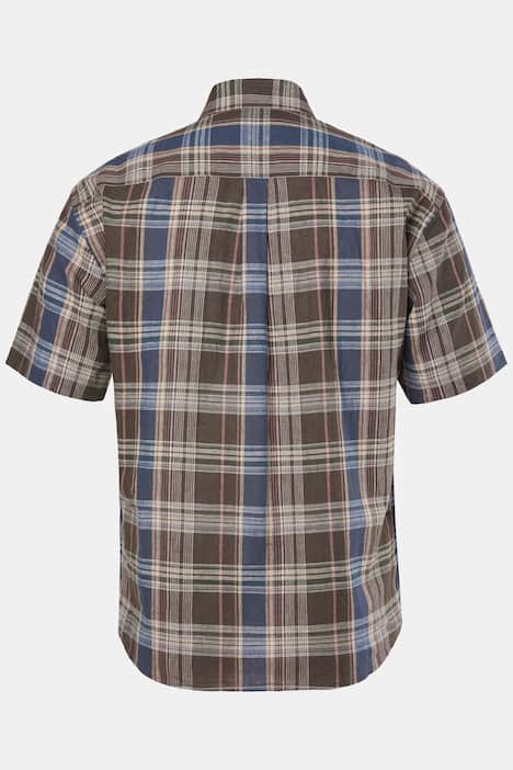 Chemise à carreaux JP 1880 en lin mélangé, manches courtes et col à pointes boutonnée, coupe Modern Fit - jusqu'au 8 XL