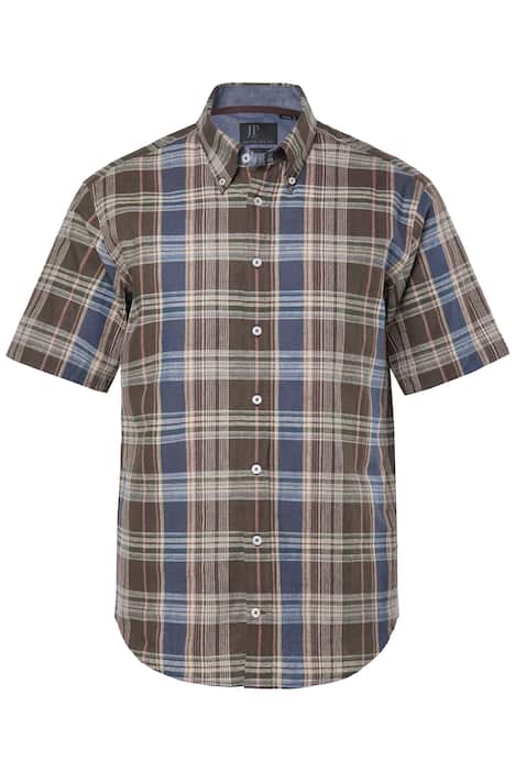 Kostkovaná košile JP1880, lněná směs, krátké rukávy, límeček s knoflíky Modern střih, do 8XL
