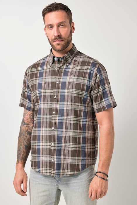 Chemise à carreaux JP 1880 en lin mélangé, manches courtes et col à pointes boutonnée, coupe Modern Fit - jusqu'au 8 XL