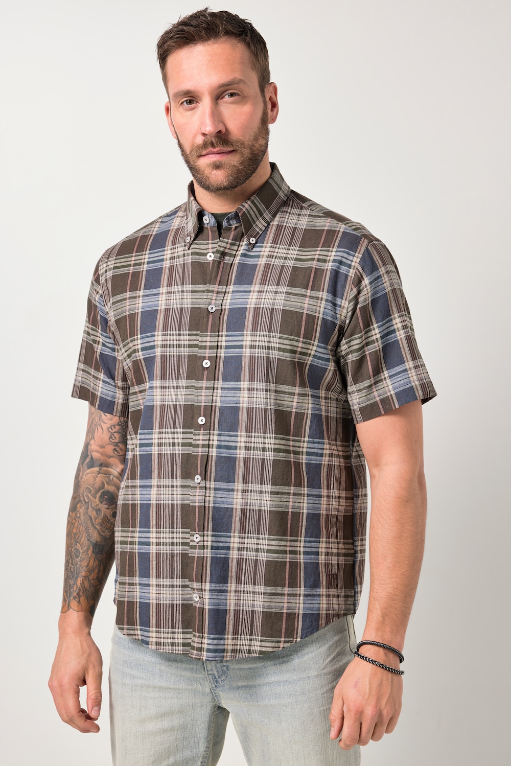 JP1880 geruit overhemd, korte mouwen, linnenmix, buttondown kraag, Modern Fit, tot 8XL