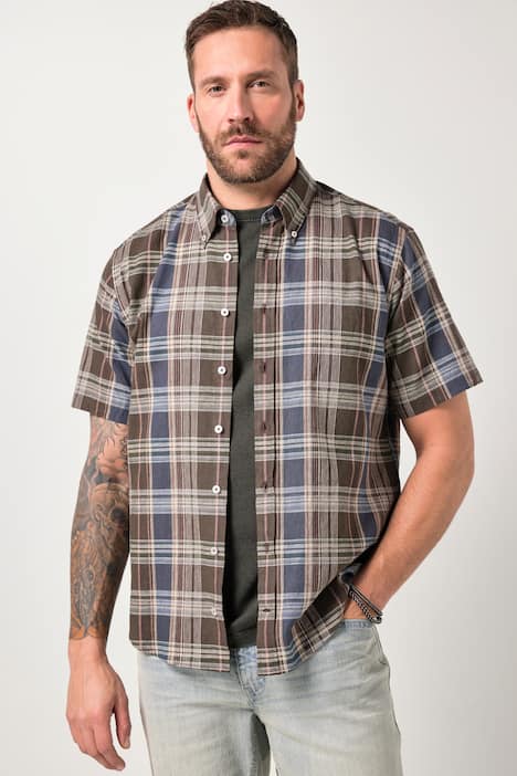 Chemise à carreaux JP 1880 en lin mélangé, manches courtes et col à pointes boutonnée, coupe Modern Fit - jusqu'au 8 XL