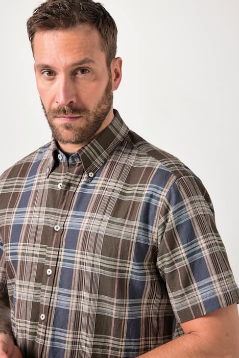 Chemise à carreaux JP 1880 en lin mélangé, manches courtes et col à pointes boutonnée, coupe Modern Fit - jusqu'au 8 XL