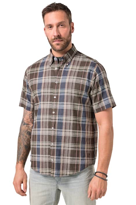 Kostkovaná košile JP1880, lněná směs, krátké rukávy, límeček s knoflíky Modern střih, do 8XL