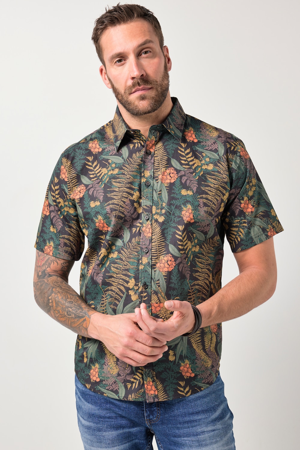 JP1880 Hemd, Halbarm, florales Muster, Kentkragen, Modern Fit, bis 8 XL