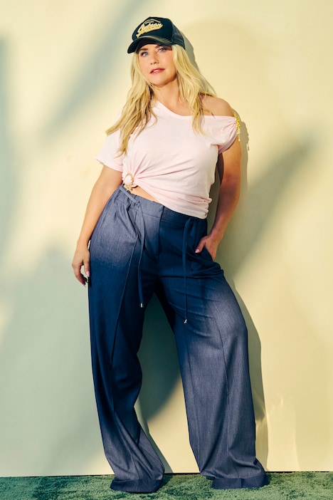 Kalhoty, džínový efekt, ozdobný záhyb, rovné nohavice, elastický pas