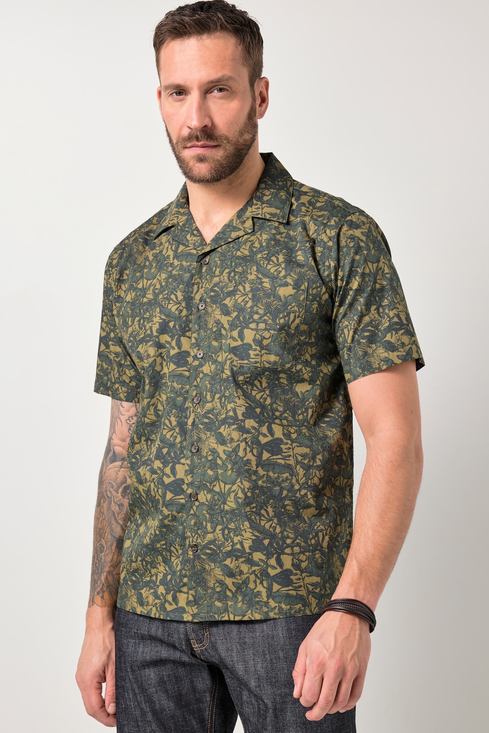 JP1880 Skjorte, korte ærmer, Cuba-krave, blomstret print, Cuba Fit, op til 8XL