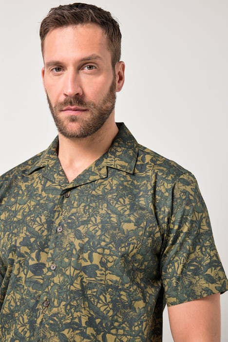 JP1880 Skjorte, korte ærmer, Cuba-krave, blomstret print, Cuba Fit, op til 8XL