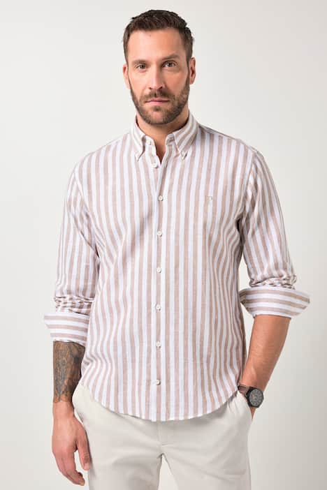 Chemise JP 1880 en lin mélangé à rayures, manches longues et col à pointes boutonnées, coupe Modern Fit - jusqu'au 8 XL